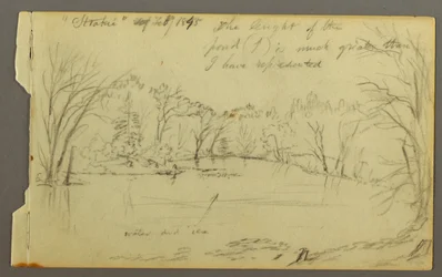 Tekening, Htakie () vijver omzoomd door bomen, 1845