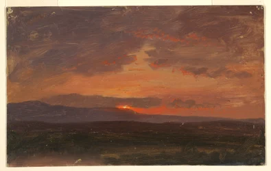 Tekening, Hudson Valley, New York met ondergaande zon achter de Catskill Mountains, 1855-65