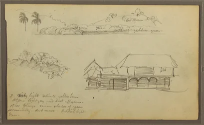 Tekening, Landschap, Boomtoppen, huis, 1857