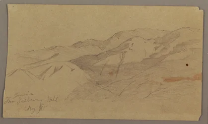 Tekening, Landschapsgezicht vanaf boerderij Galleway Hill, Jamaica, West-Indië, augustus 1865