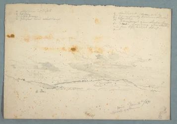 Tekening, Landschap in de Hudson-vallei; verso: Schets van kerk met boombeuken, 14 juni 1870