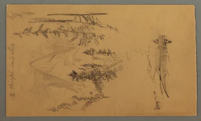 Tekening, Man in een boot, Rocky Peak over Pines, mogelijk 1868