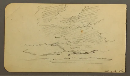 Tekening, Man in boot, keien, boomstam, bomen, 1878