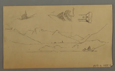 Tekening, Middeleeuws kasteel, twee torens, figuurstudies, bij Thun, mogelijk 1868