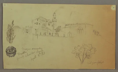Tekening, Moskee en aangrenzende gebouwen, bomen, 4 april 1868