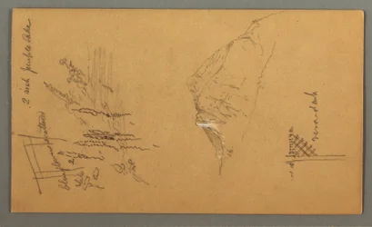 Tekening, Bergtop, vegetatie bij plas, 1868