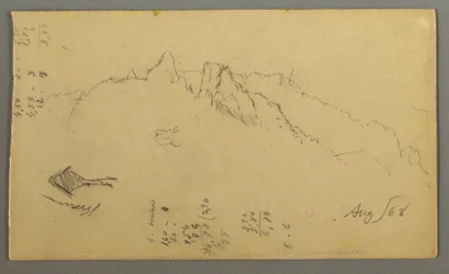 Tekening, Bergtoppen, heiligdom langs de weg, augustus 1868