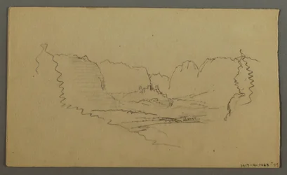 Tekening, Bergtoppen, heiligdom langs de weg, augustus 1868