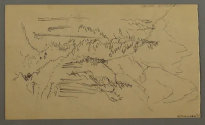 Tekening, Bergtoppen, twee figuren in een roeiboot, augustus 1868