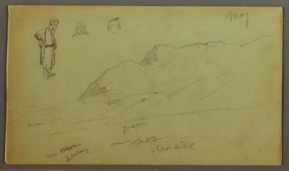 Tekening, Bergketen, Figuurstudies, mei mogelijk 1868