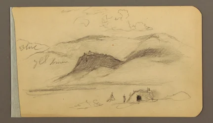 Tekening, vlakte, heuvel, stad; Verso: bergketen, 1889