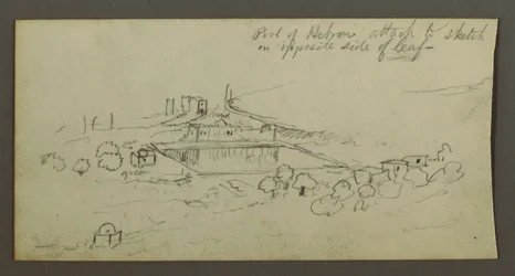Tekening, zwembad en gebouwen, mogelijk 1868