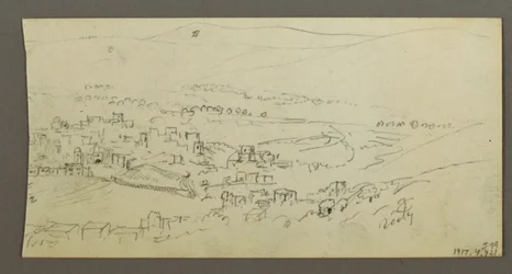 Tekening, zwembad en gebouwen, mogelijk 1868