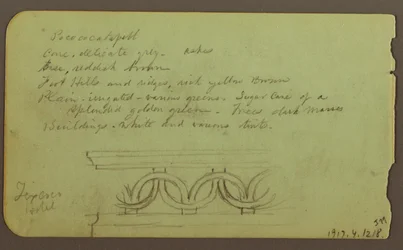 Tekening, Popocatapel; Verso: Fries op Texcoco Hotel, 18 december 1883