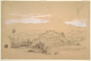 Tekening, Recollections of a View from a Hill near Cartago, Colombia with a Woman Carrying a Water Jar on Her Head, juli 1853