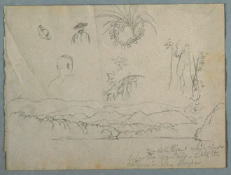 Tekening, Rivieroever met Bergen en Wolken, Drie Botanische Schetsen en Bustes Studies van Mannen met Hoeden, 1853