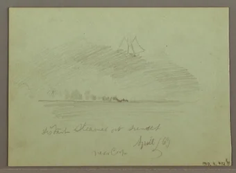 Tekening, Rotsen voor de kustlijn, Rotsachtige kliffen bij de kustlijn, april 1869