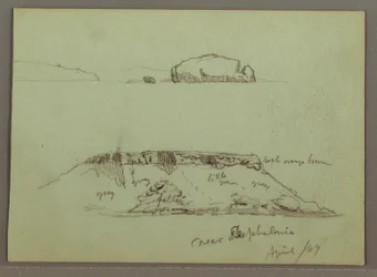 Tekening, Rotsen voor de kustlijn, Rotsachtige kliffen bij de kustlijn, april 1869