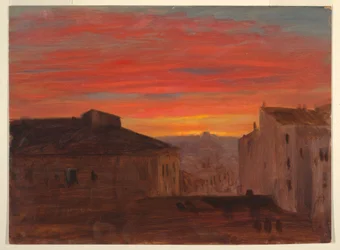 Tekening, daken bij zonsondergang vanaf de Pincio, Rome, eind 1868 of begin 1869
