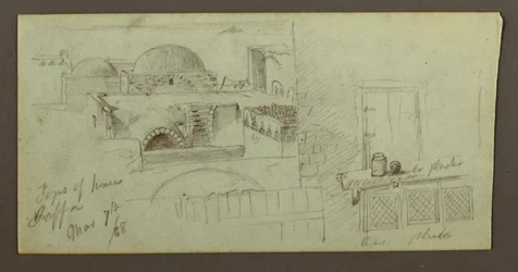 Tekening, daken met uitzicht op zee, deuropening van een huis, 7 maart 1868