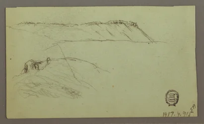 Tekening, Ruïnes omgeven door muren, tenten, twee figuurstudies, 28 april 1868