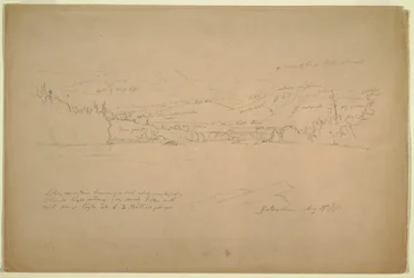 Tekening, Kust van het meer en uitlopers van de berg Katahdin, 29 augustus 1856