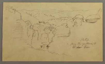 Tekening, Schets. Gezicht op Khirbet en Wasara "Petra / vanaf de weg naar / El Deir", mogelijk 1868, 26 februari