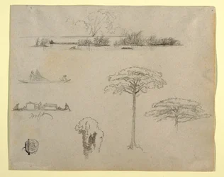 Tekening, Schetsen uit Colombia: Rivierlandschap, Mannen op vlotten en Bomen, 1853