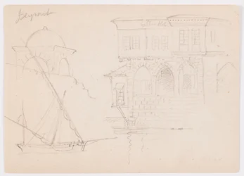 Tekening, Schetsen van een koepelstructuur, schip en statig huis, januari 1868