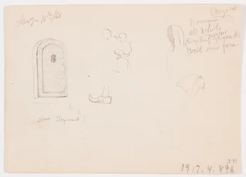 Tekening, Schetsen van een koepelstructuur, schip en statig huis, januari 1868