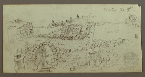 Tekening, stenen gebouw, mannen verzameld op het dak, 17 februari, mogelijk 1868