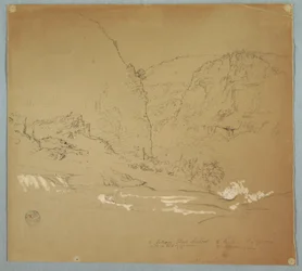 Tekening, Beek die naar de rand van de watervallen leidt bij Hacienda Chillo, Ecuador, 26 juni 1857