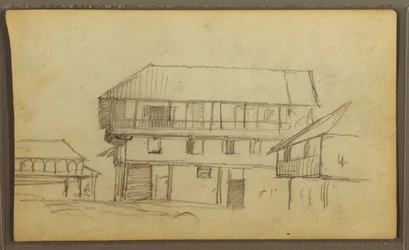 Tekening, straathoek in Guaquil, Ecuador; Verso: Botanische schetsen, huis, Ecuador of Colombia, 1857