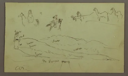 Tekening, Studies van figuren op ezels en ezels, figuur op heuvelrug, mogelijk 1868