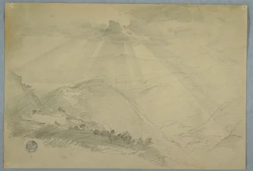 Tekening, Zon schijnt door wolken boven een bergvallei, Jamaica, juli 1865