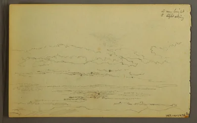 Tekening, Ondergaande zon achter lage heuvels, 1845