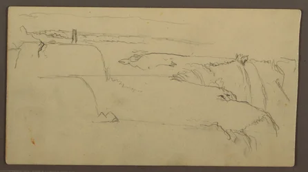 Tekening, Zonsondergang boven oever met schip, 1858