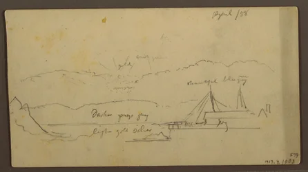 Tekening, Zonsondergang boven oever met schip, 1858