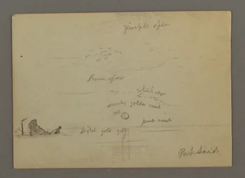 Tekening, Zonsondergang boven zee, stoomboot, mogelijk 1868