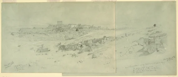 Tekening, Tempels in de ochtend, Baalbek, 12 mei 1868
