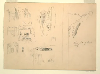 Tekening, Tien studies van graven en een zicht op rotsen, Petra, Jordanië, 26 februari 1868