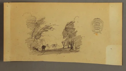 Tekening, Drie koeien op een weg in het bos, ca. 1845