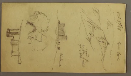 Tekening, Drie studies van kasteel op heuveltop, 1 oktober 1868