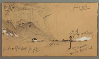 Tekening, onweer, bergen, devotiebeeldhouwwerk, Oostenrijk of Beieren, 1868
