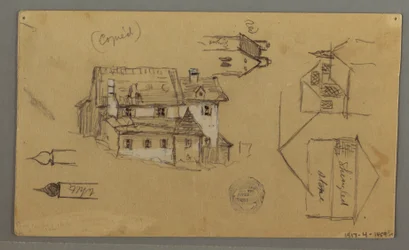 Tekening, houten huis, Sky, Oostenrijk, 1 augustus 1868