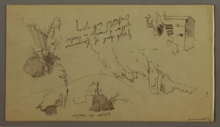 Tekening, Stad onder een bergtop, heuvelstad, mogelijk 1868-69