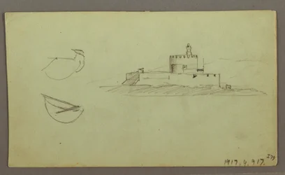 Tekening, Stad aan de kust, bergketen erachter, 27 mei 1868