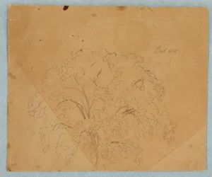 Tekening, Boom; Verso: Gezicht op een kerk, twee Engelse vrouwen van 1636, studie van een paard, oktober 1845