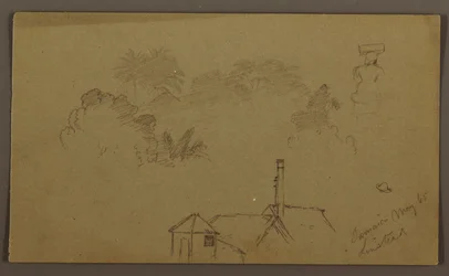 Tekening, bomen, figuur, huis Linstead, mei 1865