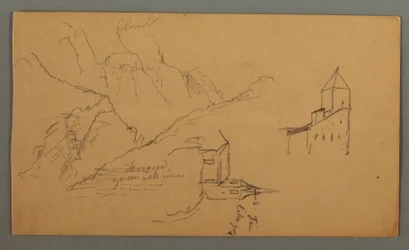 Tekening, Twee kerken, vallei, waterval, 1868
